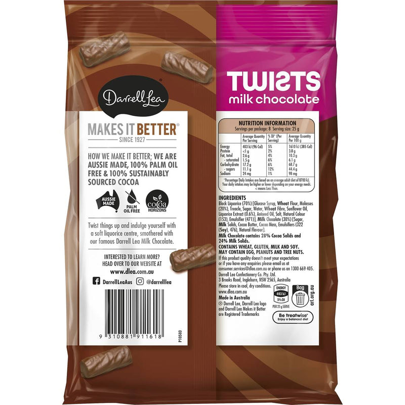 Darrell Lea Twists Milk Chocolate Original Liquorice 200g