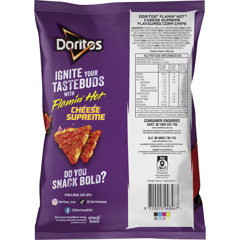 Doritos Corn Chips Flaming Hot Cheese Supreme 150g