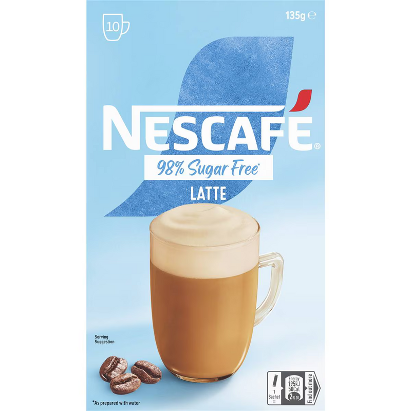 Nescafe 98% Sugar Free Latte Coffee Sachets 10 Pack 135g