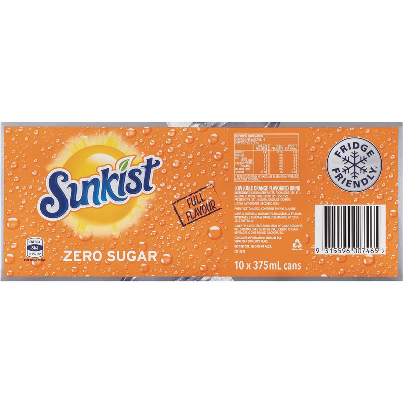 Sunkist Orange Sugar Free Soft Drink 375ml - 10 Pack