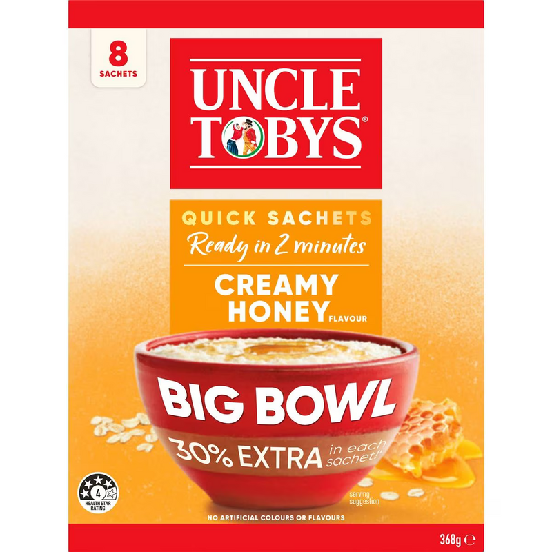 Uncle Tobys Oats Quick Sachets Big Bowl Creamy Honey Porridge 8 Pack 368g