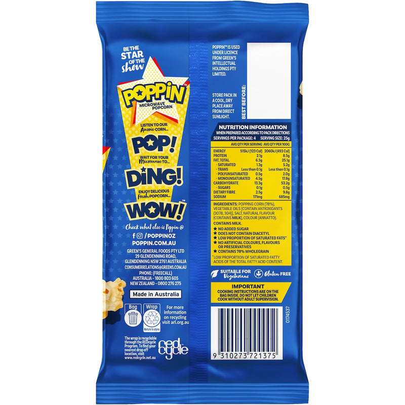 Poppin Microwave Popcorn Butter Flavour 100g