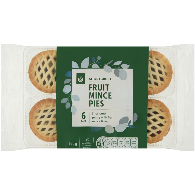 Woolworths Shortcrust Fruit Mince Pies 6 Pack 360g