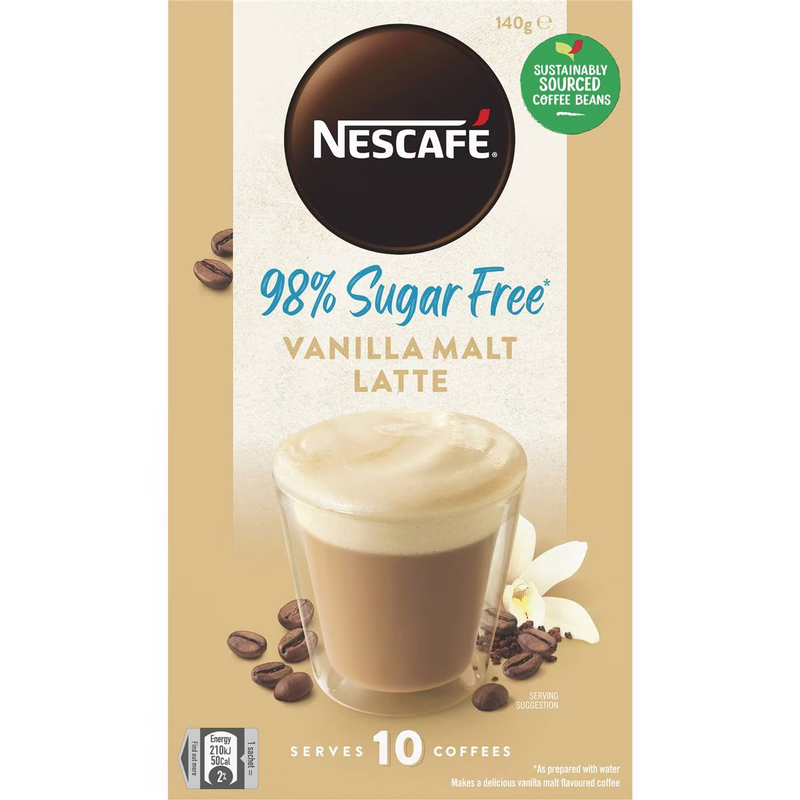 Nescafe 98% Sugar Free Vanilla Malt Latte Coffee Sachets 10 Pack 140g