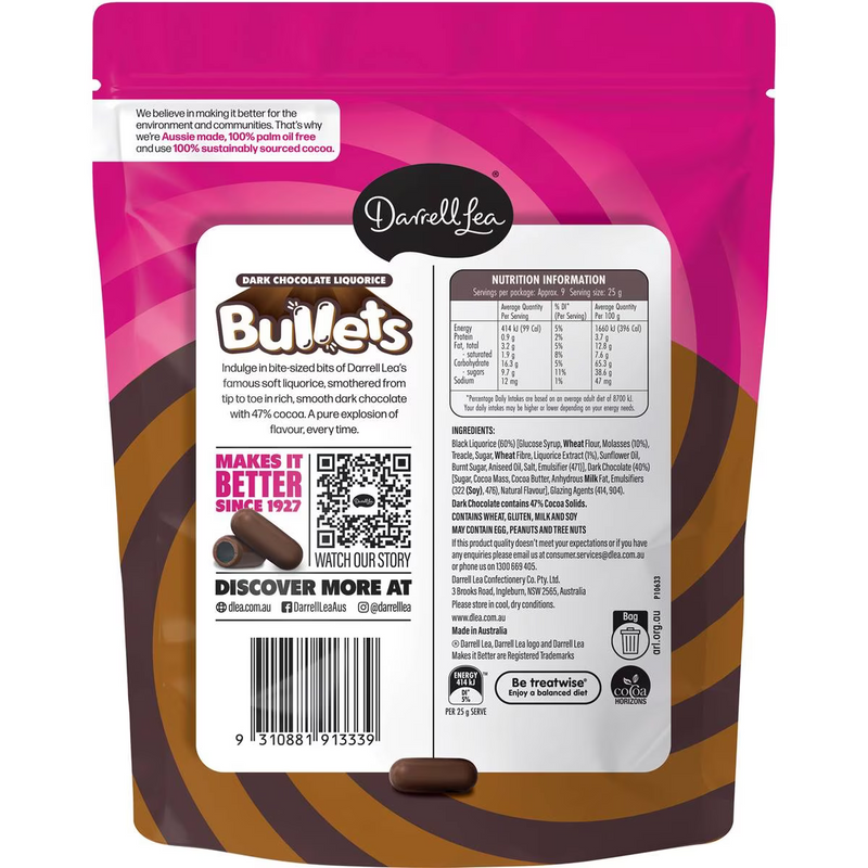 Darrell Lea Bullets Dark Chocolate Liquorice 226g