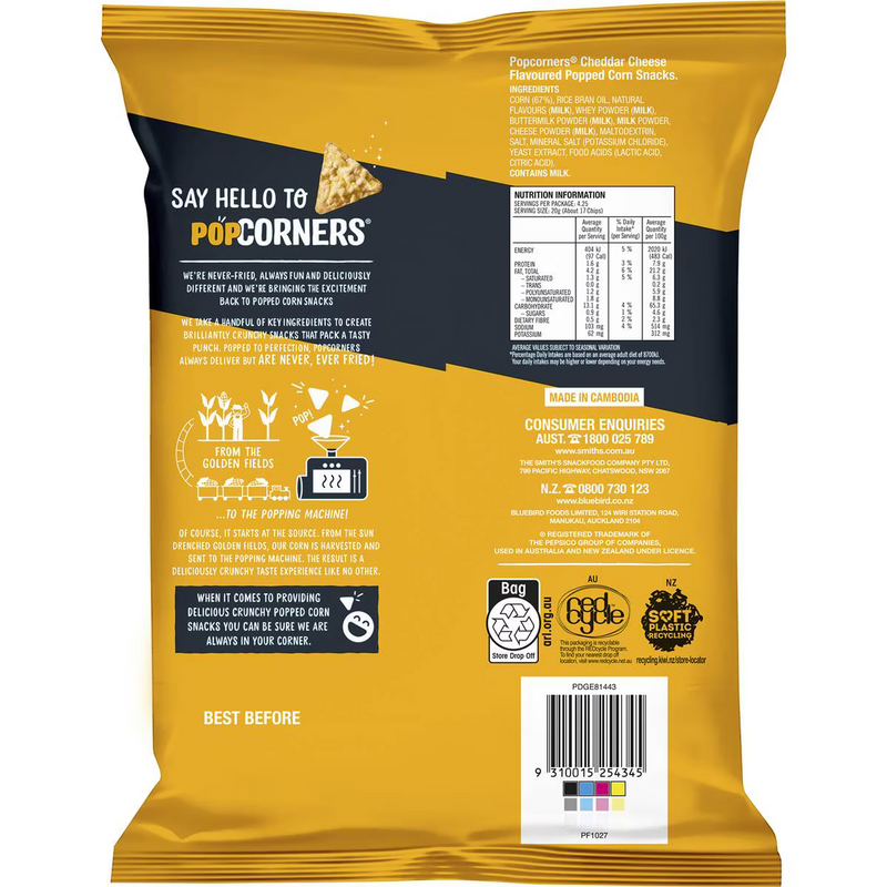 Popcorners Cheddar Cheese Flavoured Popped Corn 85g