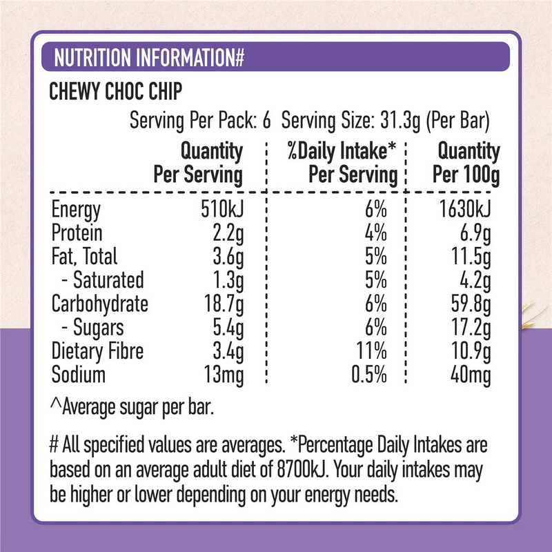 Uncle Tobys Muesli Bar Chewy Choc Chip 6 Pack 185g