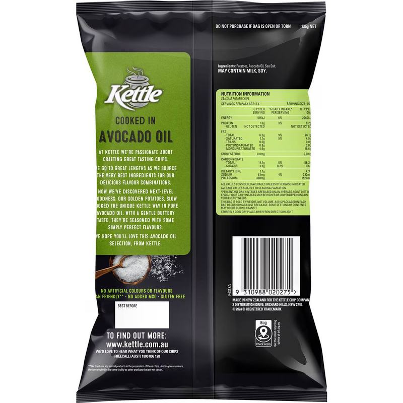 Kettle Chips Cooked In Avocado Oil Crushed Sea Salt 135g