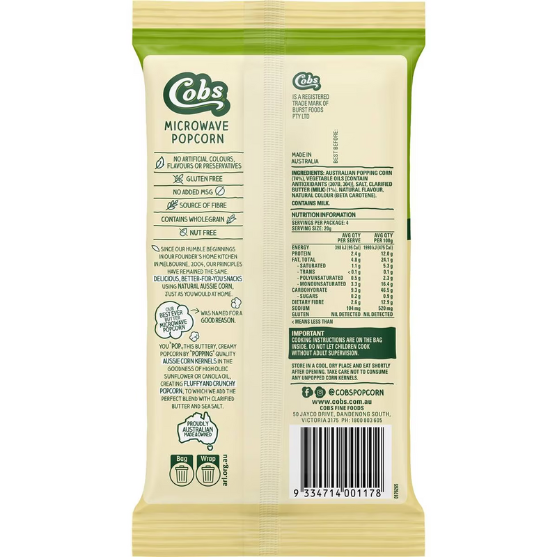 Cobs Microwave Pop Corn Best Ever Butter 85g