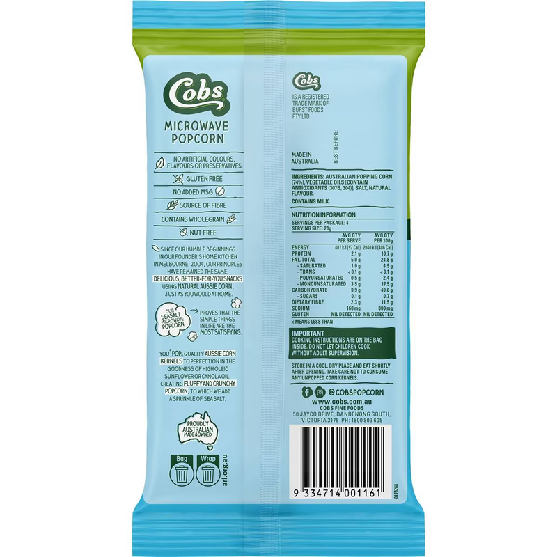 Cobs Microwave Pop Corn Sea Salt 85g