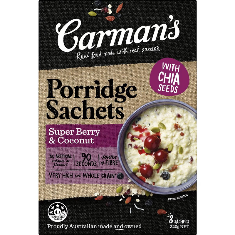 Carman's Porridge Sachets Super Berry & Coconut Gourmet 320g