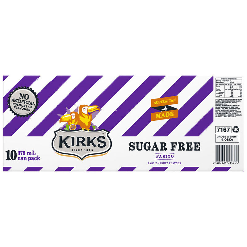 Kirks Pasito Sugar Free Soft Drink 375ml - 10 Pack