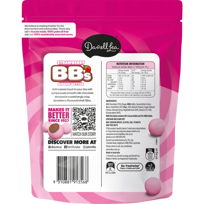 Darrell Lea BBs Strawberry Milk Chocolate Balls 168g