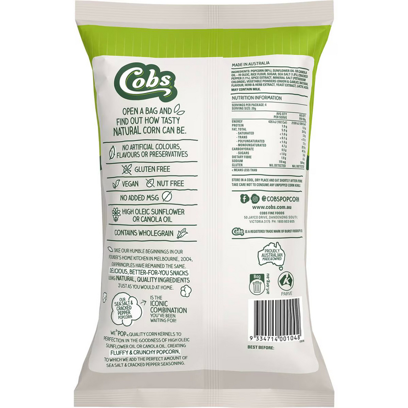 Cobs Sea Salt & Cracked Pepper Popcorn 80g