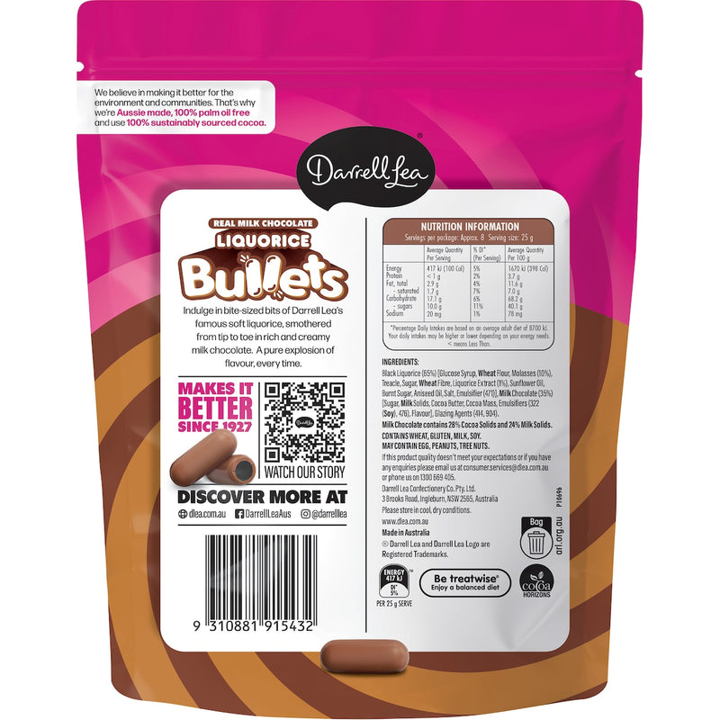 Darrell Lea Bullets Milk Chocolate Liquorice 204g