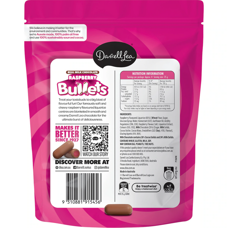 Darrell Lea Milk Chocolate Raspberry Bullets 204g