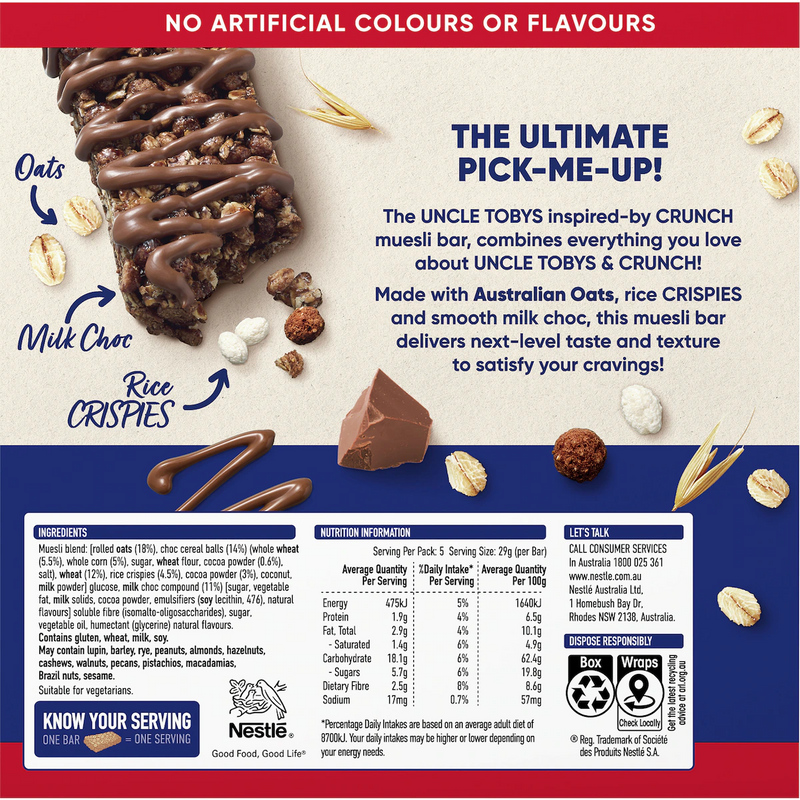 Uncle Tobys Muesli Bar Crunch 5 Pack 145g