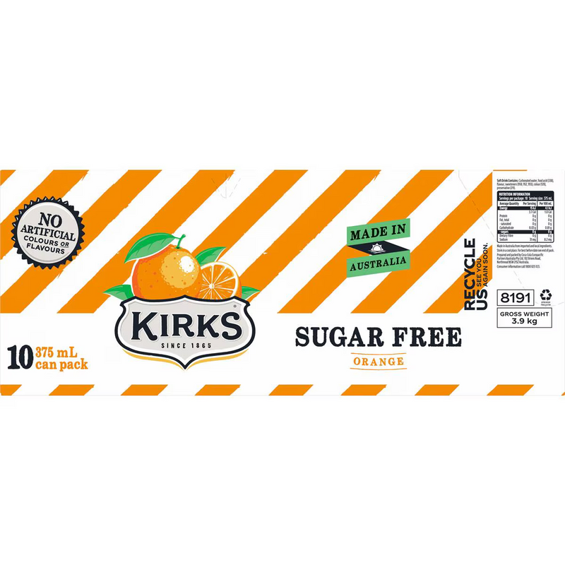 Kirks Orange Sugar Free Soft Drink 375ml - 10 Pack