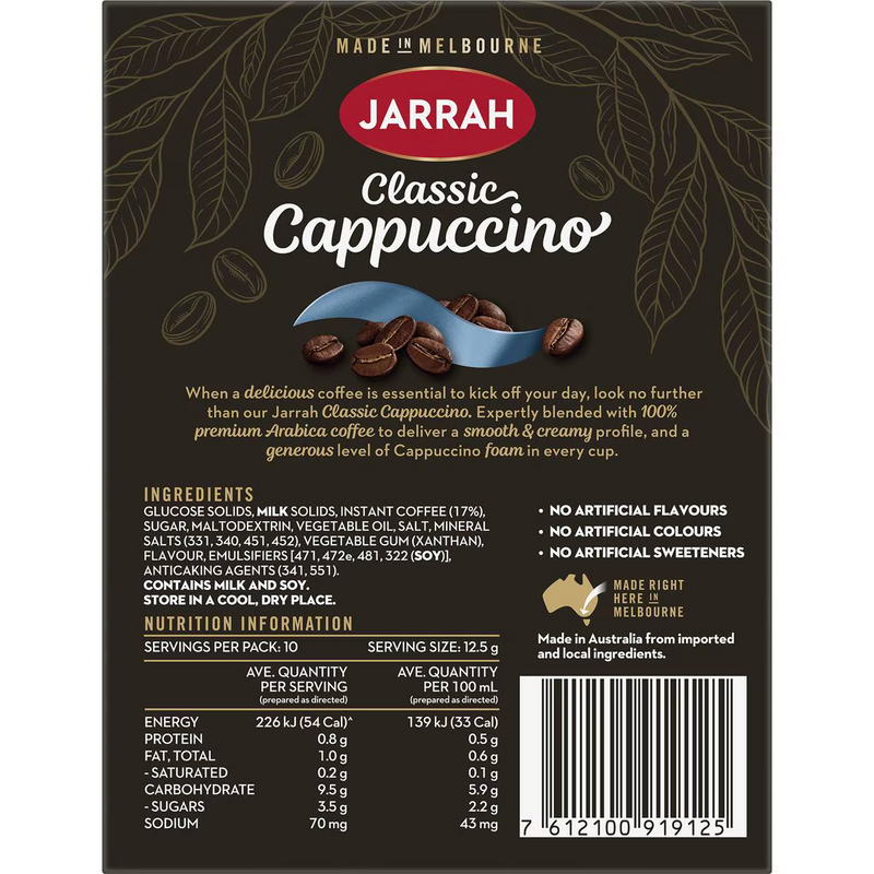 Jarrah Classic Cappuccino Coffee Sachets 10 Pack 125g