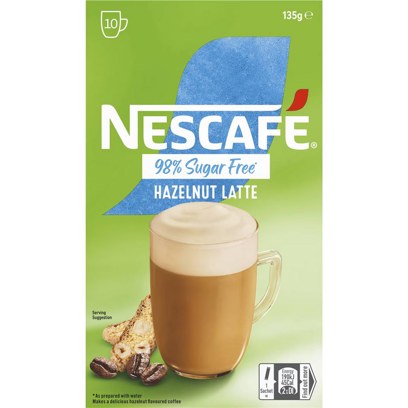 Nescafe 98% Sugar Free Hazelnut Latte Coffee Sachets 10 Pack 135g