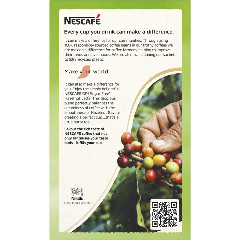 Nescafe 98% Sugar Free Hazelnut Latte Coffee Sachets 10 Pack 135g