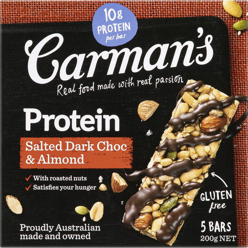 Carman's Salted Dark Choc Almond Gourmet Protein Bars 5 Pack 200g