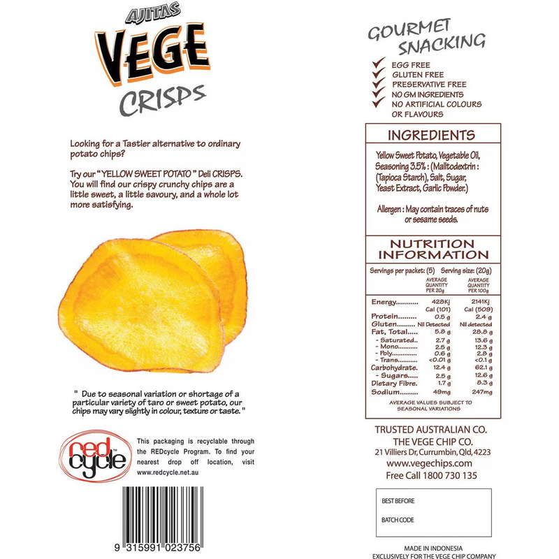 Ajitas Vege Chips Yellow Sweet Potato Deli Crisps 100g