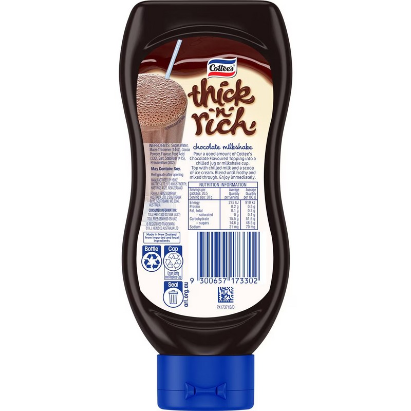 Cottee's Thick n Rich Chocolate Flavoured Topping 615g