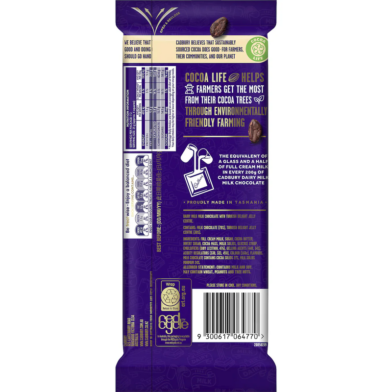 Cadbury Dairy Milk Turkish Delight Chocolate Block 180g