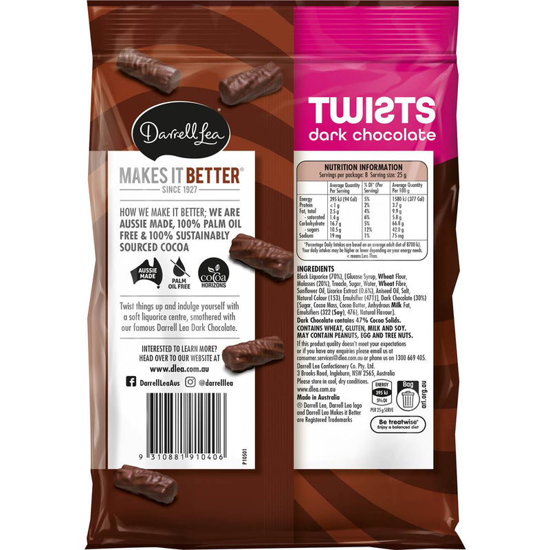 Darrell Lea Twists Dark Chocolate Liquorice 200g