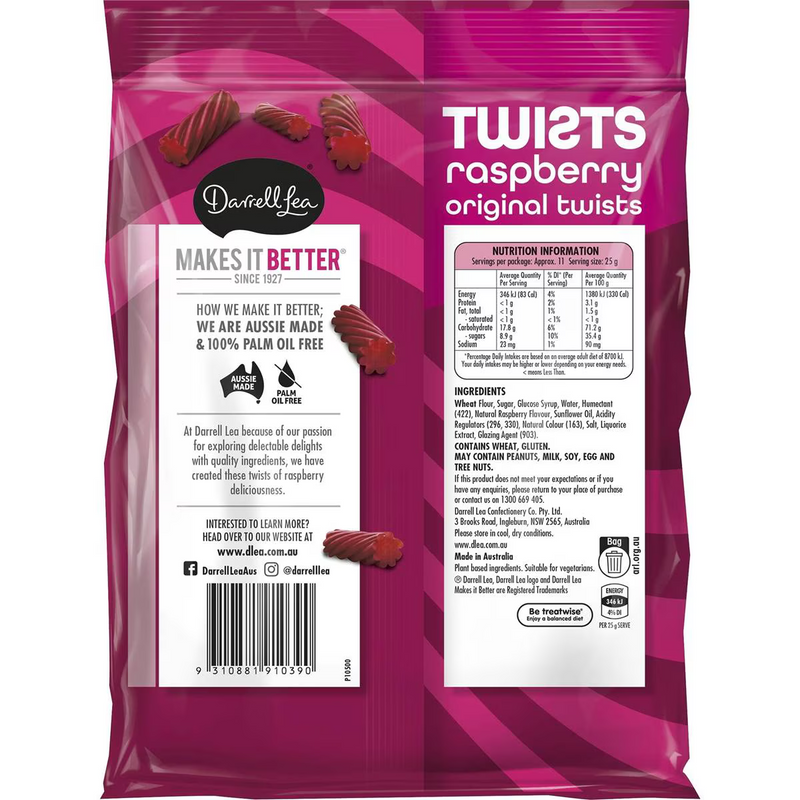 Darrell Lea Twists Raspberry Liquorice 280g