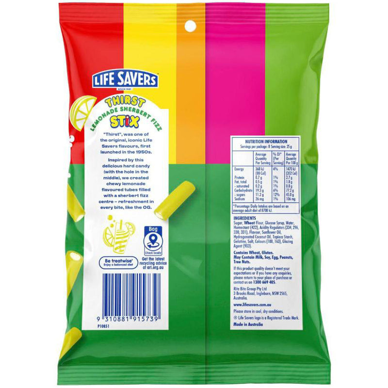 Lifesavers Thirst Lemonade Sherbert Fizz Stix 200g